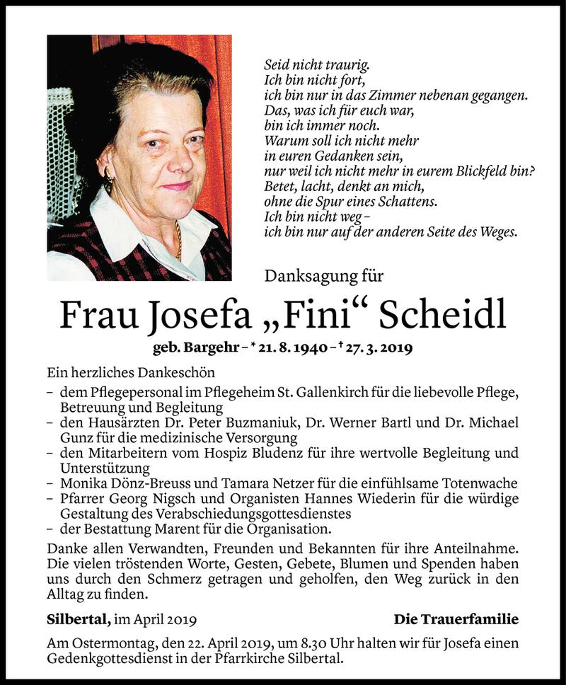  Todesanzeige für Josefa Scheidl vom 17.04.2019 aus Vorarlberger Nachrichten