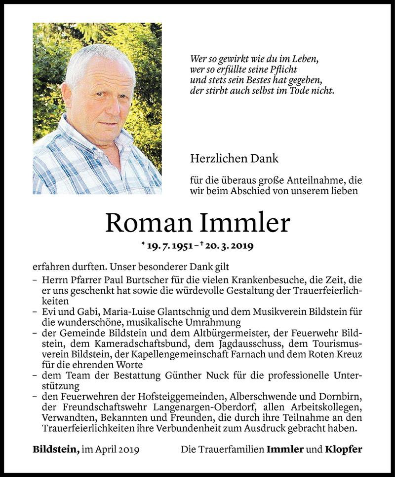  Todesanzeige für Roman Immler vom 19.04.2019 aus Vorarlberger Nachrichten