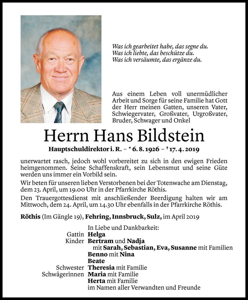  Todesanzeige für Hans Bildstein vom 20.04.2019 aus Vorarlberger Nachrichten