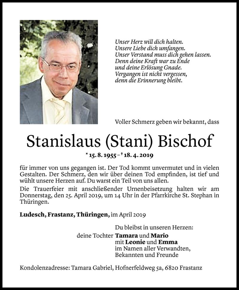  Todesanzeige für Stanislaus Bischof vom 19.04.2019 aus Vorarlberger Nachrichten