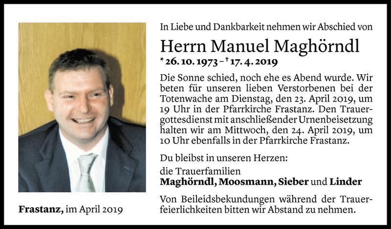  Todesanzeige für Manuel Maghörndl vom 19.04.2019 aus Vorarlberger Nachrichten