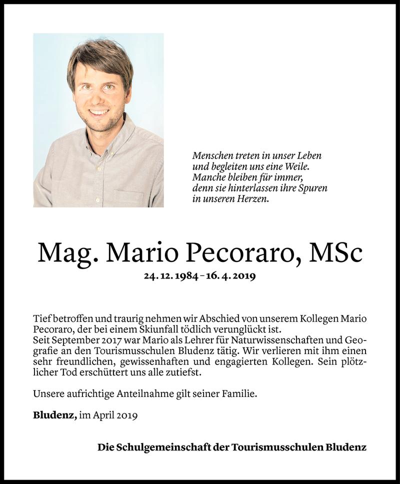  Todesanzeige für Mario Pecoraro vom 19.04.2019 aus Vorarlberger Nachrichten