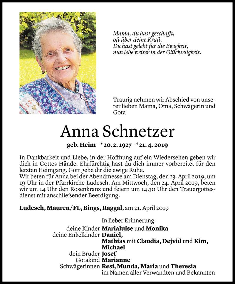  Todesanzeige für Anna Schnetzer vom 22.04.2019 aus Vorarlberger Nachrichten