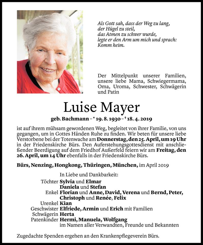  Todesanzeige für Luise Mayer vom 24.04.2019 aus Vorarlberger Nachrichten