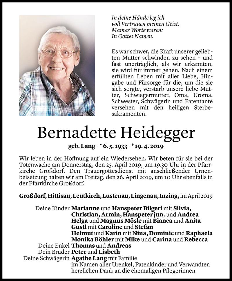  Todesanzeige für Bernadette Heidegger vom 23.04.2019 aus Vorarlberger Nachrichten