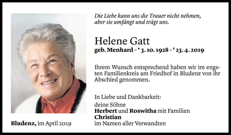  Todesanzeige für Helene Gatt vom 27.04.2019 aus Vorarlberger Nachrichten