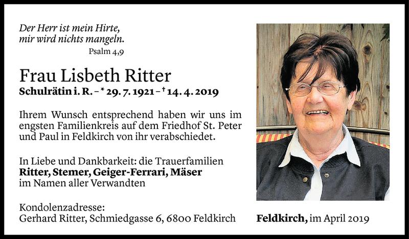  Todesanzeige für Lisbeth Ritter vom 27.04.2019 aus Vorarlberger Nachrichten