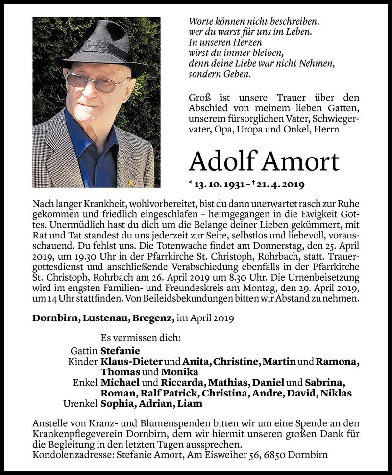  Todesanzeige für Adolf Amort vom 23.04.2019 aus Vorarlberger Nachrichten