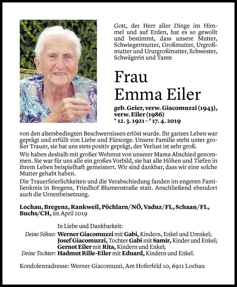  Todesanzeige für Emma Eiler vom 27.04.2019 aus Vorarlberger Nachrichten