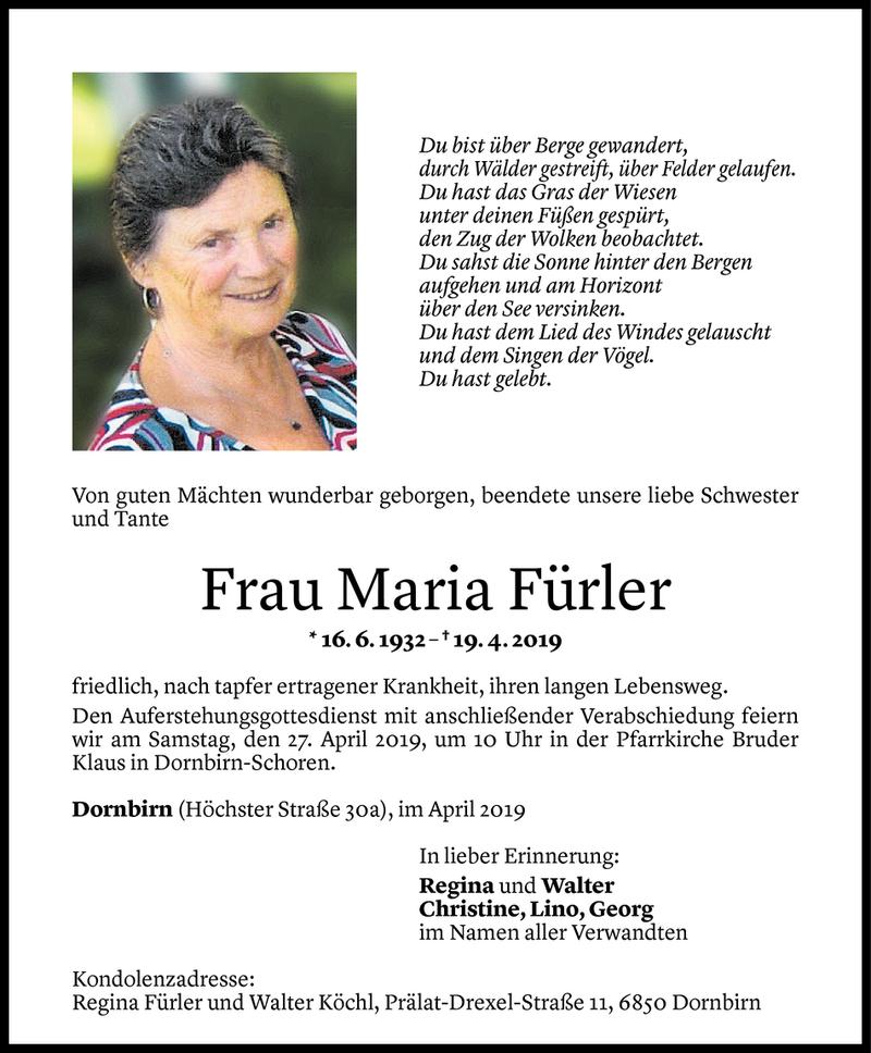  Todesanzeige für Maria Fürler vom 24.04.2019 aus Vorarlberger Nachrichten