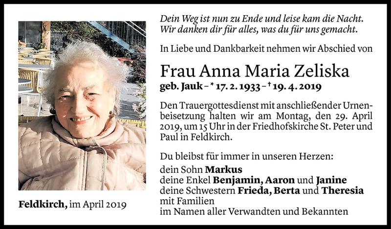  Todesanzeige für Anna Maria Zeliska vom 25.04.2019 aus Vorarlberger Nachrichten