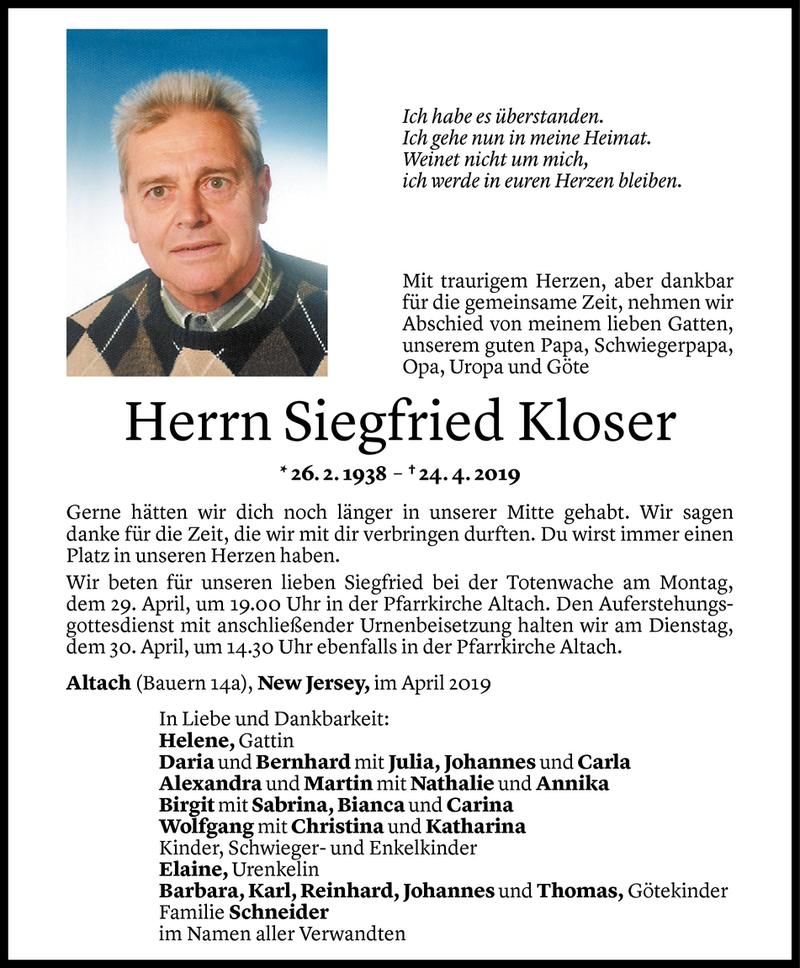  Todesanzeige für Siegfried Kloser vom 27.04.2019 aus Vorarlberger Nachrichten