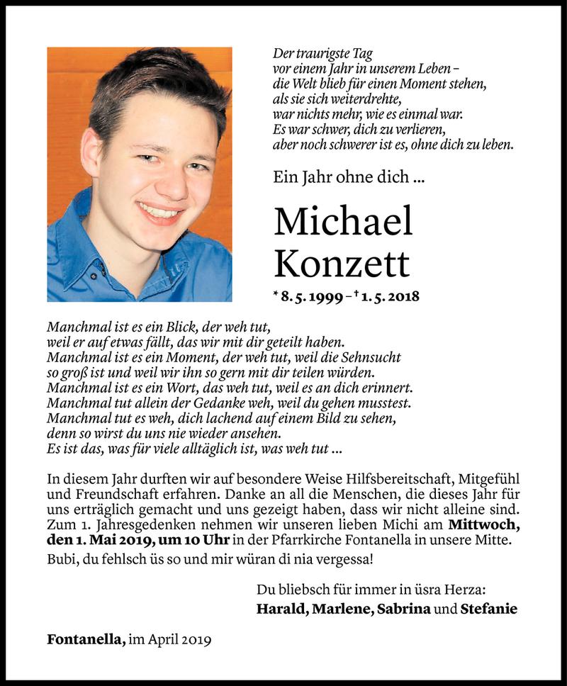  Todesanzeige für Michael Konzett vom 26.04.2019 aus Vorarlberger Nachrichten