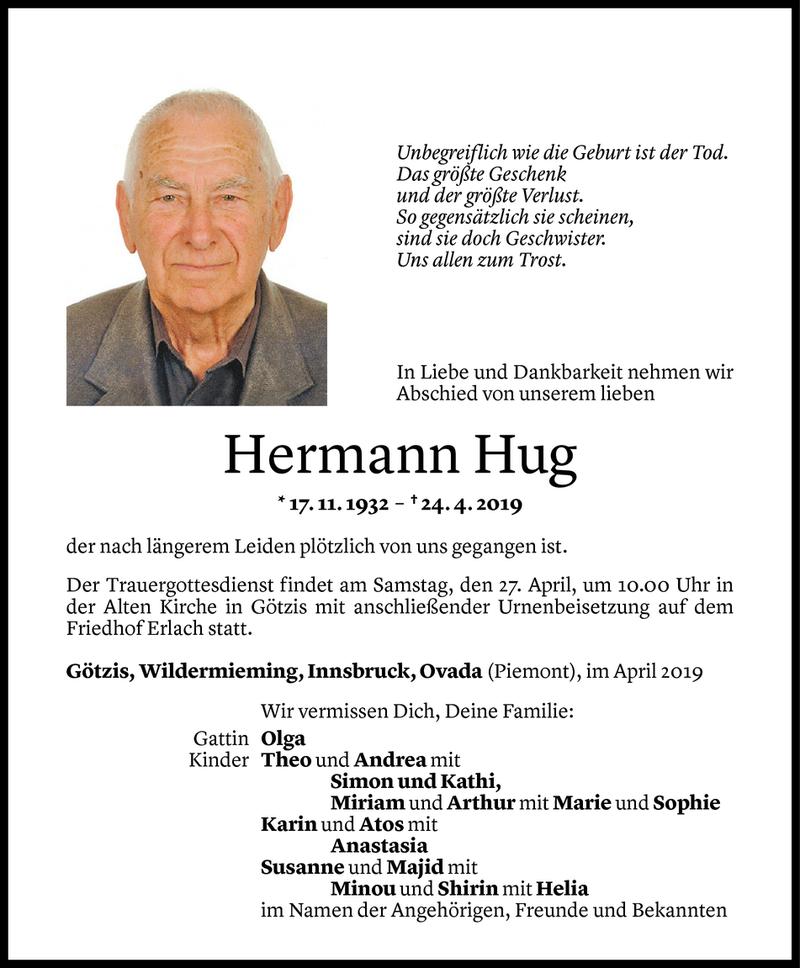  Todesanzeige für Hermann Hug vom 26.04.2019 aus Vorarlberger Nachrichten