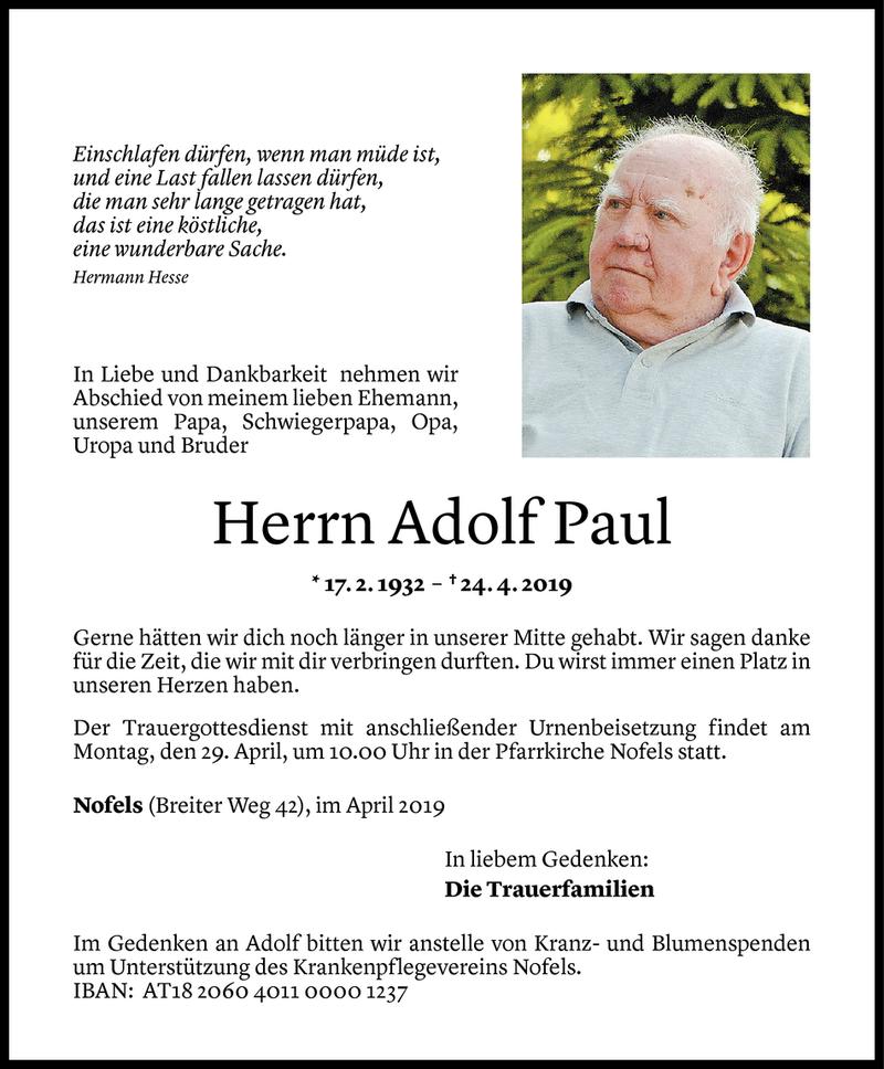  Todesanzeige für Adolf Paul vom 27.04.2019 aus Vorarlberger Nachrichten