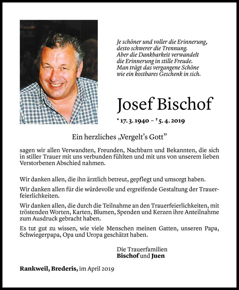  Todesanzeige für Josef Bischof vom 27.04.2019 aus Vorarlberger Nachrichten