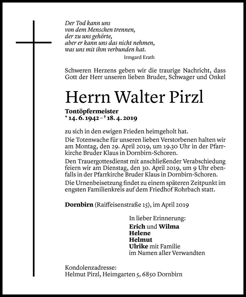  Todesanzeige für Walter Pirzl vom 25.04.2019 aus Vorarlberger Nachrichten