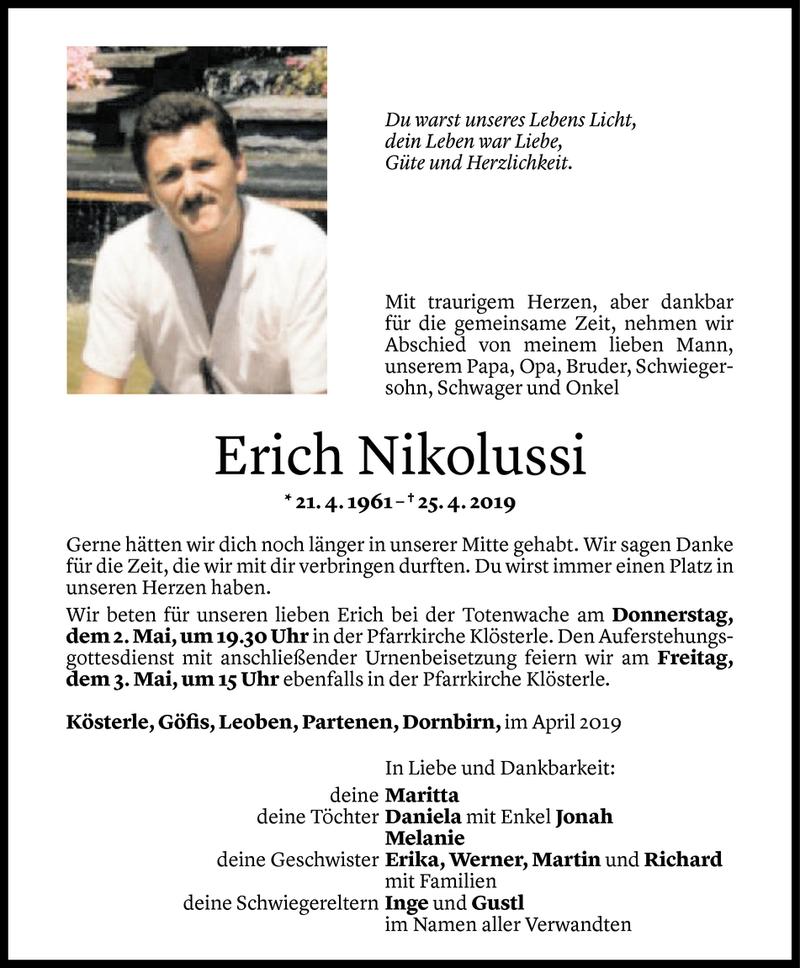  Todesanzeige für Erich Nikolussi vom 30.04.2019 aus Vorarlberger Nachrichten