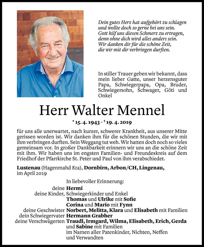  Todesanzeige für Walter Mennel vom 26.04.2019 aus Vorarlberger Nachrichten