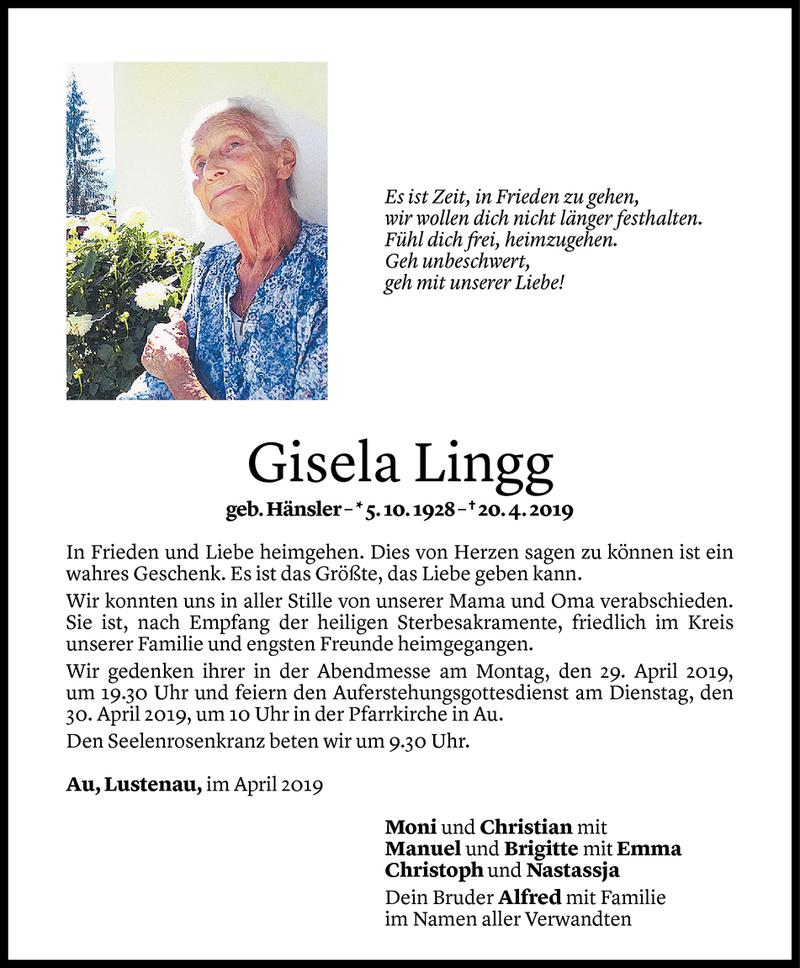  Todesanzeige für Gisela Lingg vom 26.04.2019 aus Vorarlberger Nachrichten