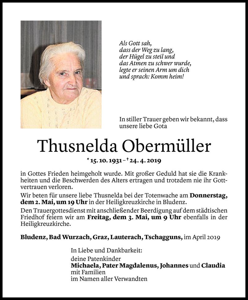  Todesanzeige für Thusnelda Obermüller vom 01.05.2019 aus Vorarlberger Nachrichten
