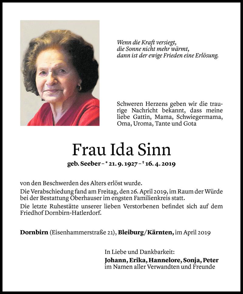  Todesanzeige für Ida Sinn vom 27.04.2019 aus Vorarlberger Nachrichten