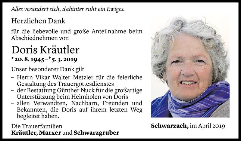  Todesanzeige für Doris Kräutler vom 28.04.2019 aus Vorarlberger Nachrichten