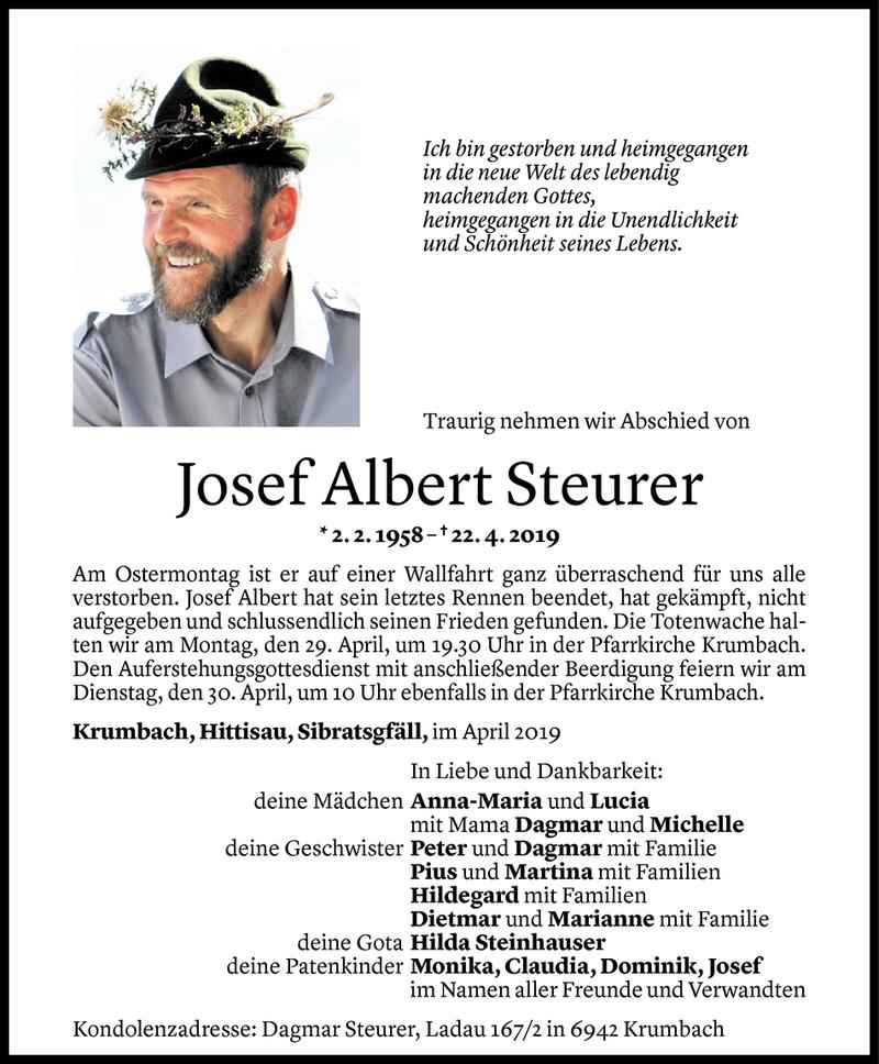  Todesanzeige für Josef Albert Steurer vom 26.04.2019 aus Vorarlberger Nachrichten
