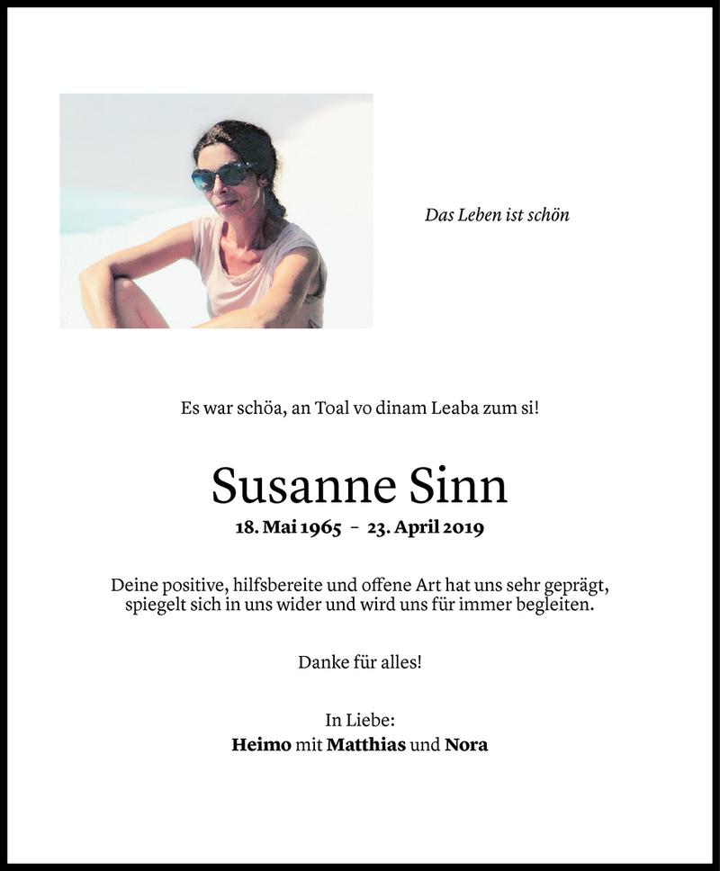  Todesanzeige für Susanne Sinn vom 26.04.2019 aus Vorarlberger Nachrichten