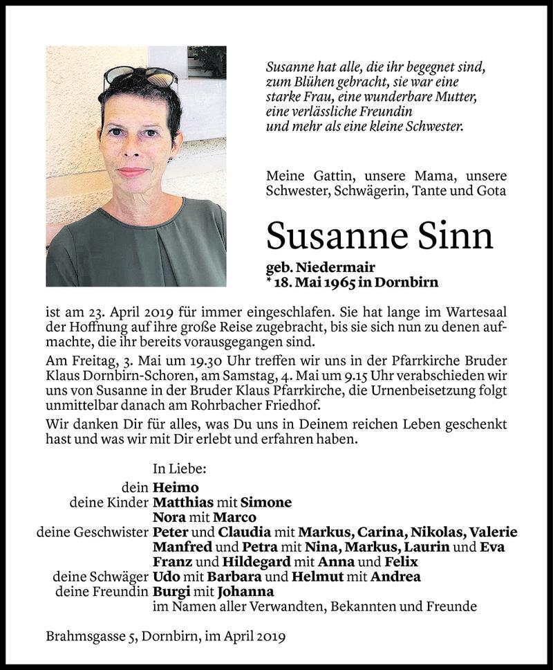  Todesanzeige für Susanne Sinn vom 26.04.2019 aus Vorarlberger Nachrichten