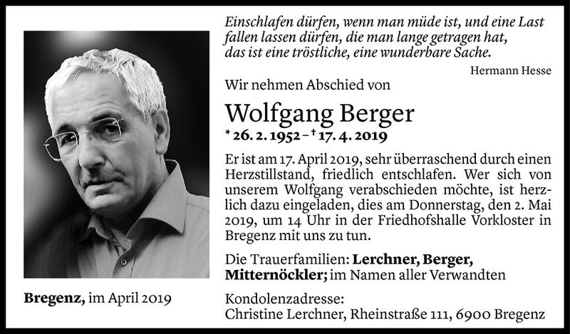  Todesanzeige für Wolfgang Berger vom 28.04.2019 aus Vorarlberger Nachrichten