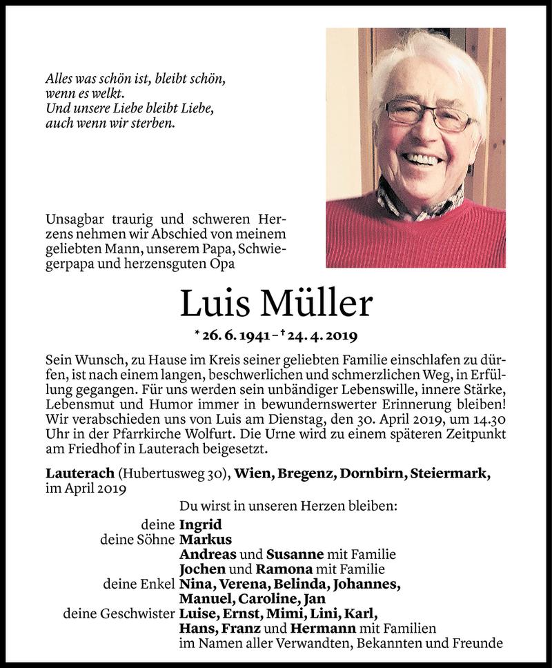  Todesanzeige für Luis Müller vom 26.04.2019 aus Vorarlberger Nachrichten