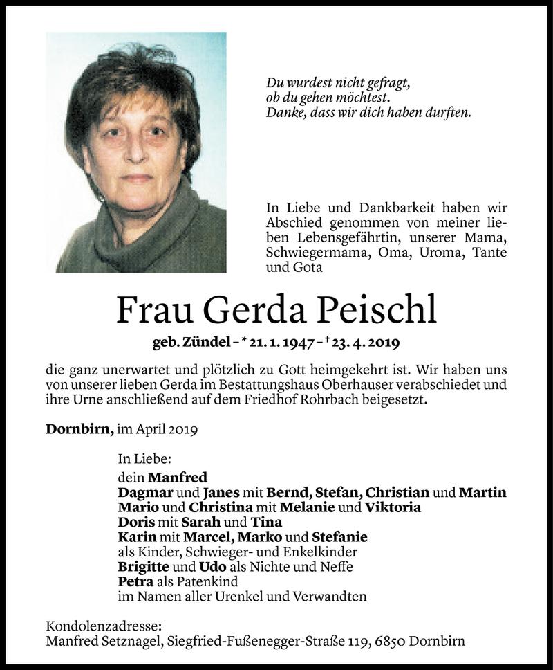 Todesanzeige für Gerda Peischl vom 03.05.2019 aus Vorarlberger Nachrichten