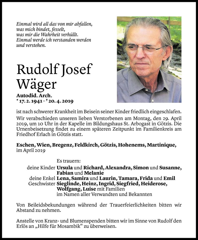  Todesanzeige für Rudolf Josef Wäger vom 26.04.2019 aus Vorarlberger Nachrichten