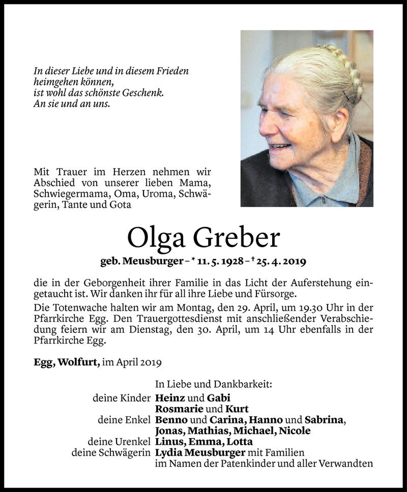  Todesanzeige für Olga Greber vom 28.04.2019 aus Vorarlberger Nachrichten