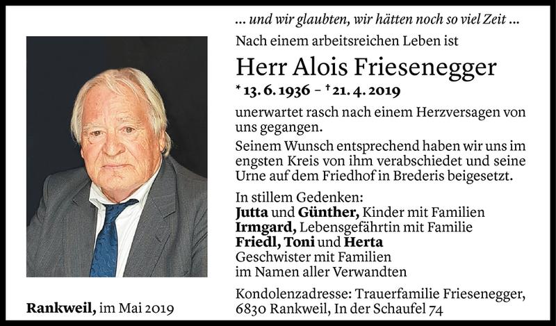  Todesanzeige für Alois Friesenegger vom 01.05.2019 aus Vorarlberger Nachrichten