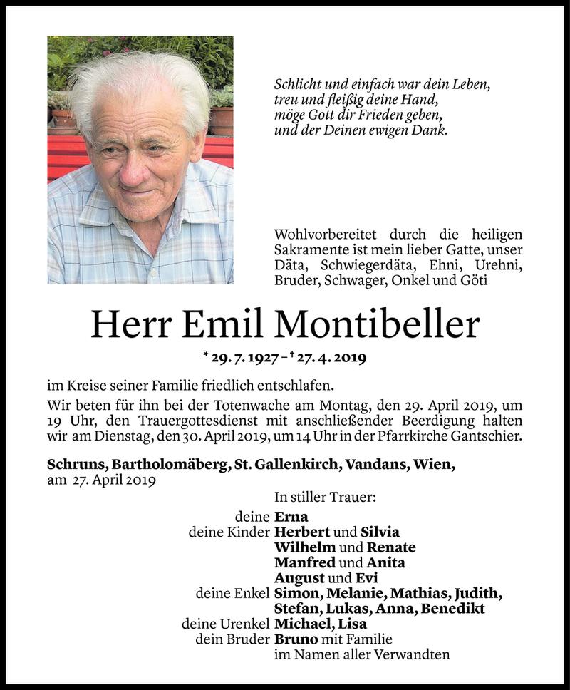  Todesanzeige für Emil Montibeller vom 28.04.2019 aus Vorarlberger Nachrichten
