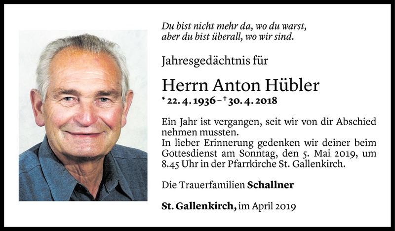  Todesanzeige für Anton Hübler vom 29.04.2019 aus Vorarlberger Nachrichten