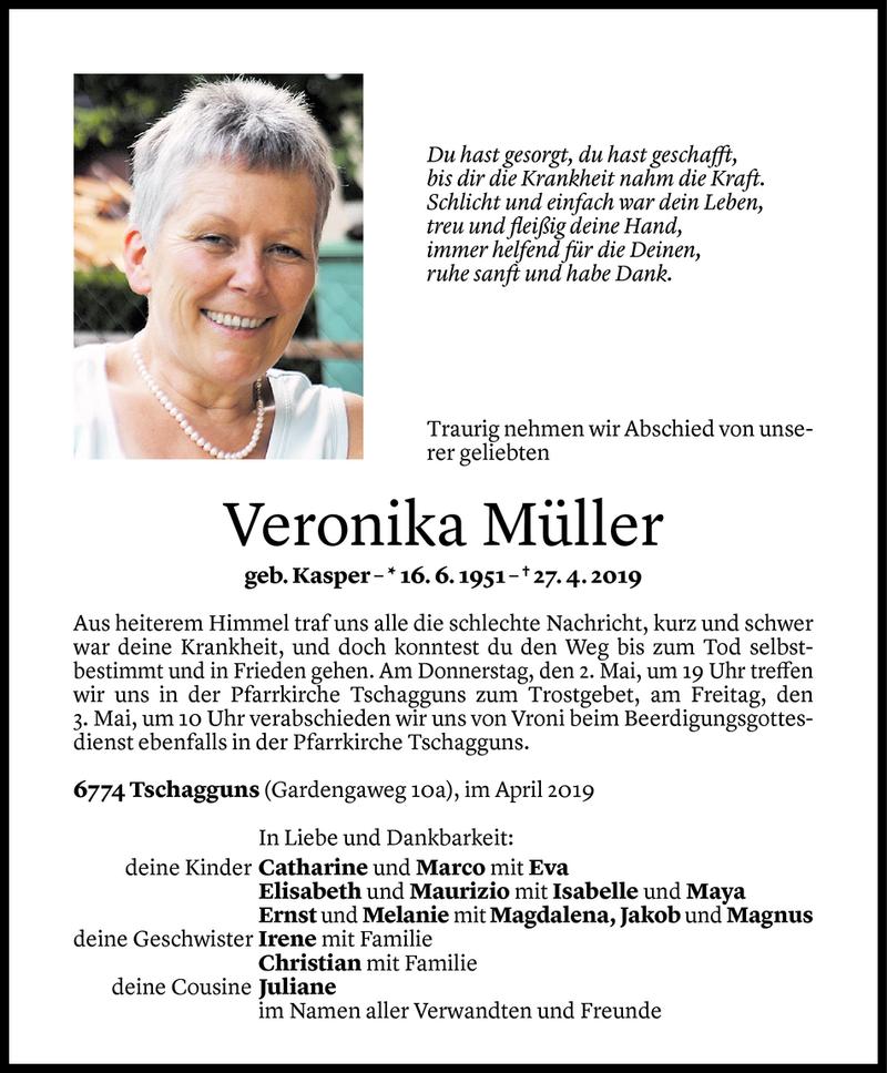  Todesanzeige für Veronika Müller vom 29.04.2019 aus Vorarlberger Nachrichten