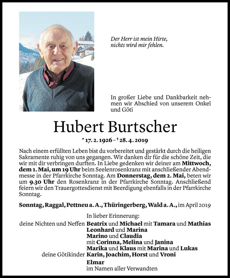  Todesanzeige für Hubert Burtscher vom 30.04.2019 aus Vorarlberger Nachrichten