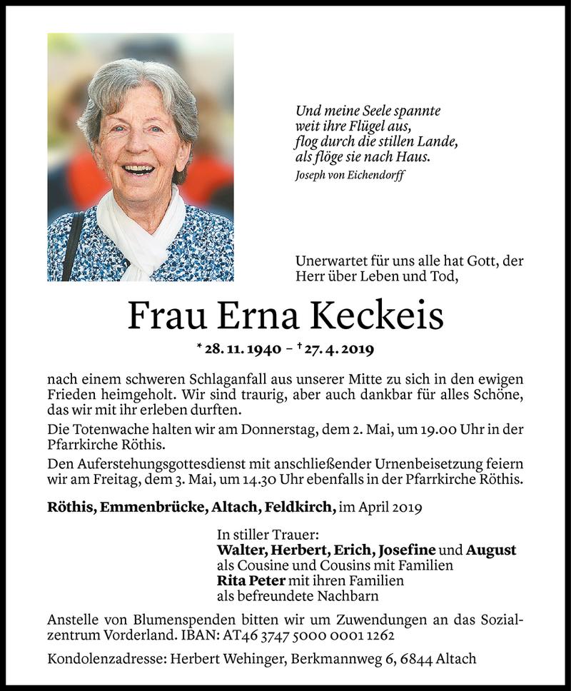  Todesanzeige für Erna Keckeis vom 30.04.2019 aus Vorarlberger Nachrichten