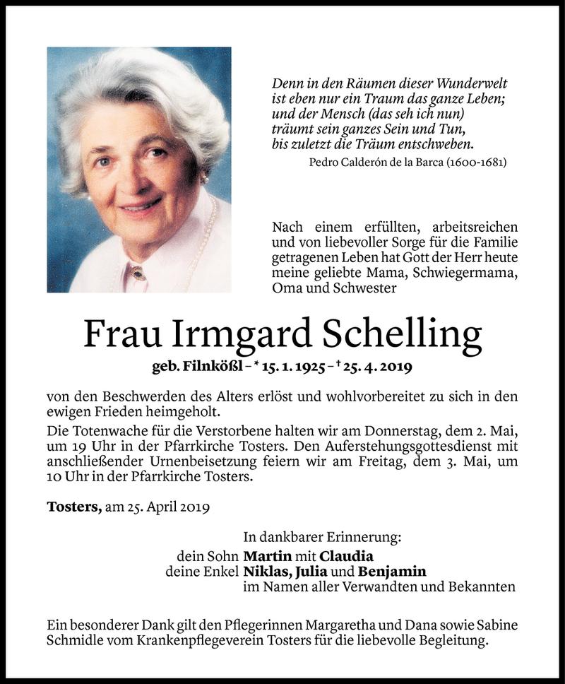  Todesanzeige für Irmgard Schelling vom 29.04.2019 aus Vorarlberger Nachrichten