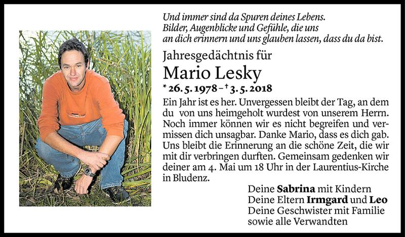 Todesanzeige für Mario Lesky vom 02.05.2019 aus Vorarlberger Nachrichten