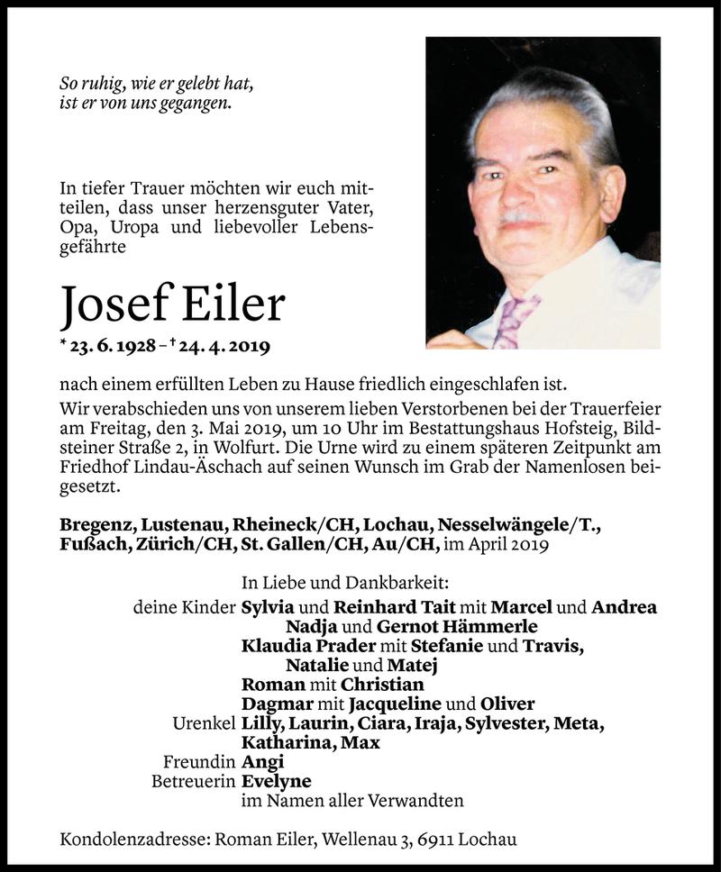  Todesanzeige für Josef Eiler vom 30.04.2019 aus Vorarlberger Nachrichten