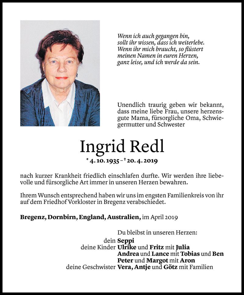  Todesanzeige für Ingrid Redl vom 04.05.2019 aus Vorarlberger Nachrichten