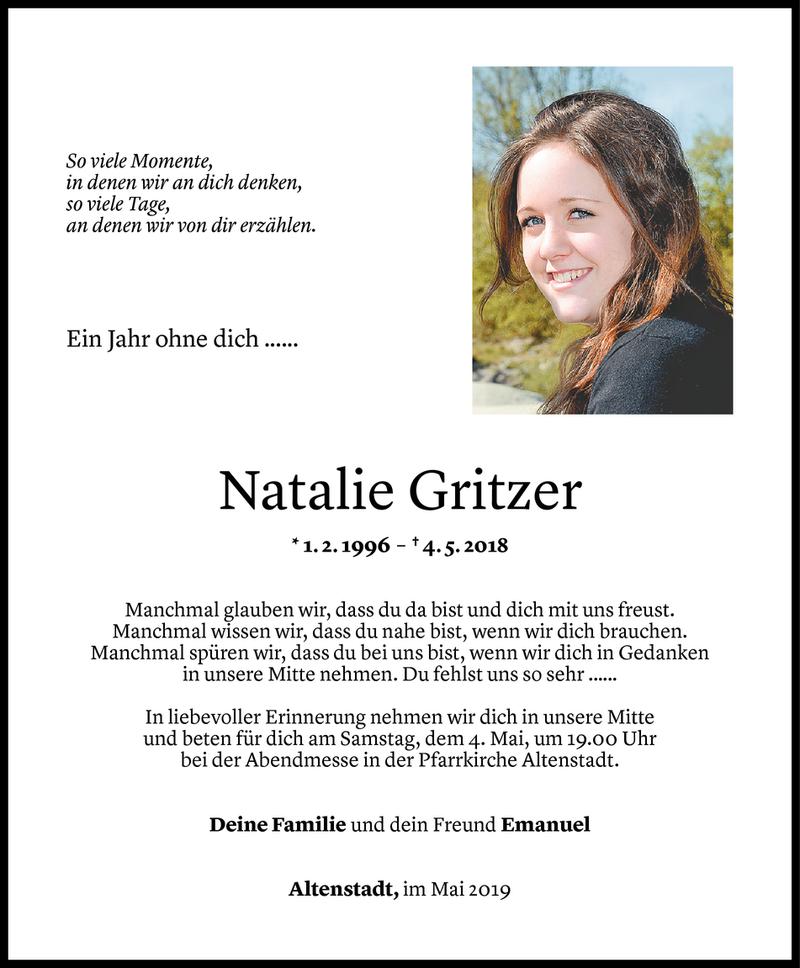  Todesanzeige für Natalie Gritzer vom 01.05.2019 aus Vorarlberger Nachrichten