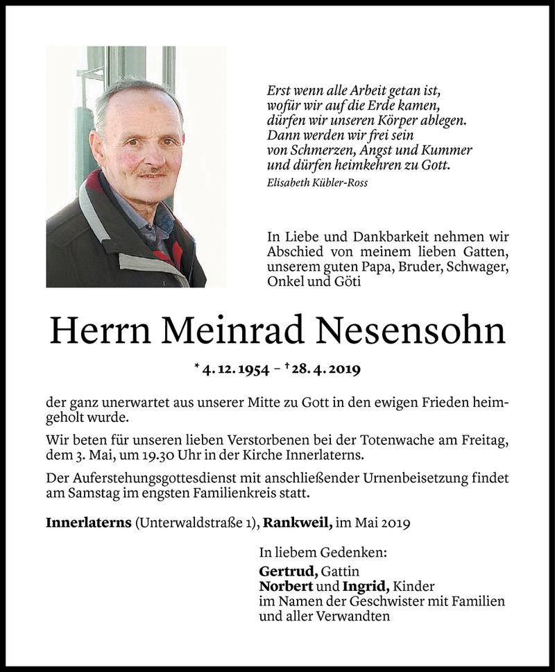  Todesanzeige für Meinrad Nesensohn vom 01.05.2019 aus Vorarlberger Nachrichten