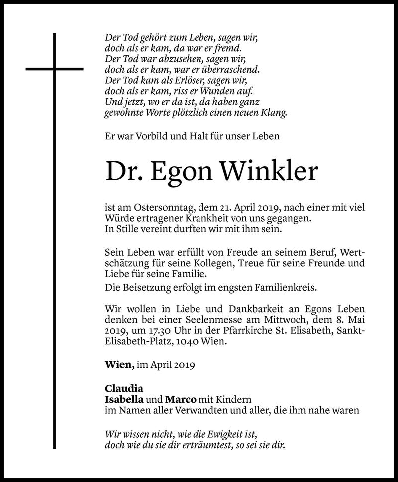  Todesanzeige für Egon Winkler vom 30.04.2019 aus Vorarlberger Nachrichten