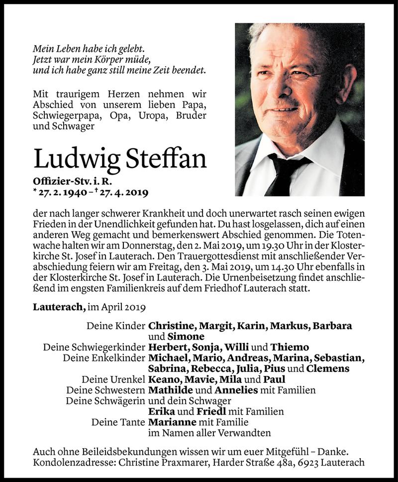  Todesanzeige für Ludwig Steffan vom 30.04.2019 aus Vorarlberger Nachrichten