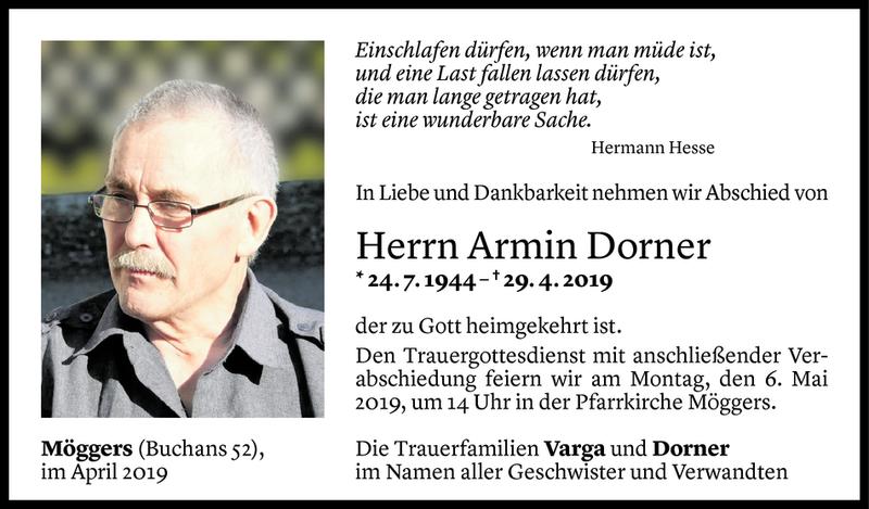  Todesanzeige für Armin Dorner vom 30.04.2019 aus Vorarlberger Nachrichten